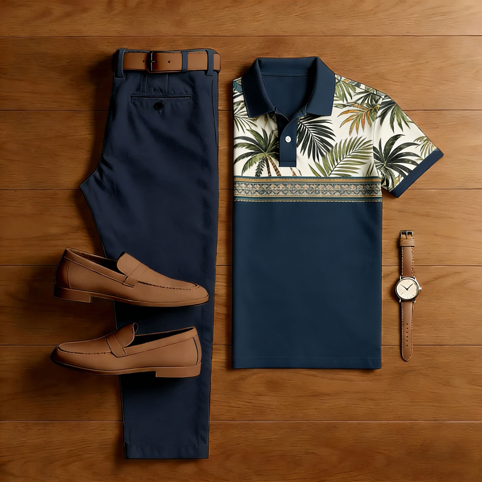 Men's Casual Black Printed Polo Shirt And Trousers Two-Piece Set