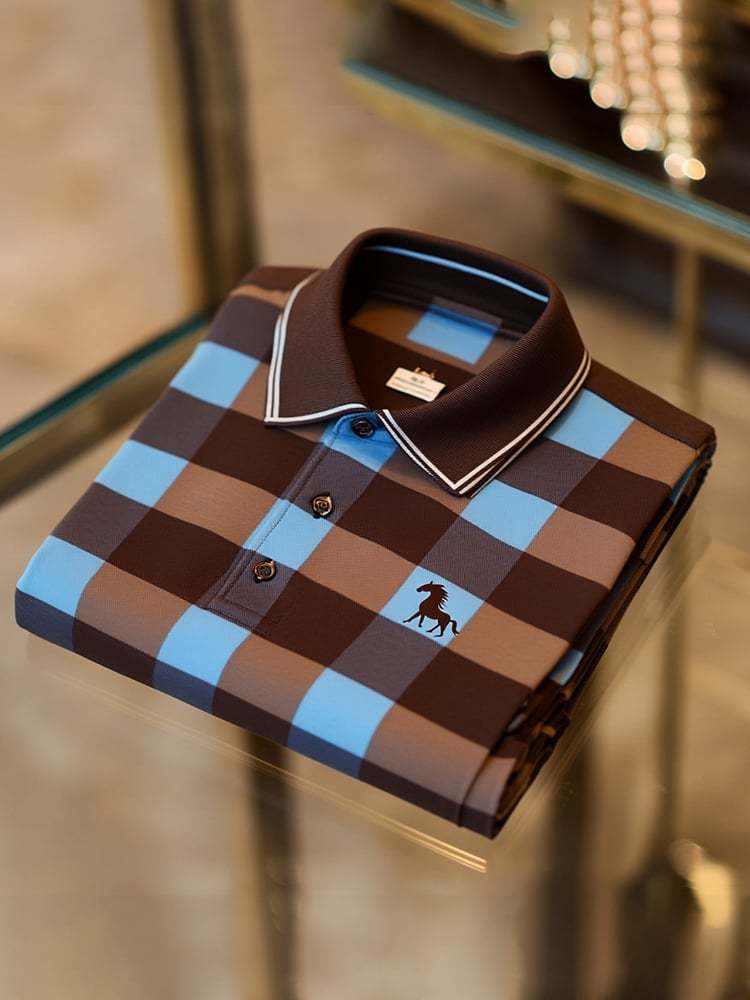 Men's Classic Business Check Logo Button Short Sleeve Polo Shirt