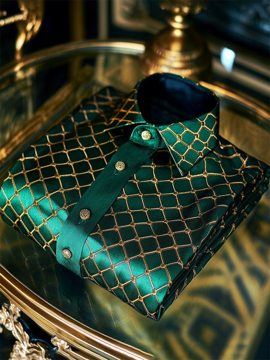 Men's Satin Plaid Luxury Business Long Sleeve Shirt