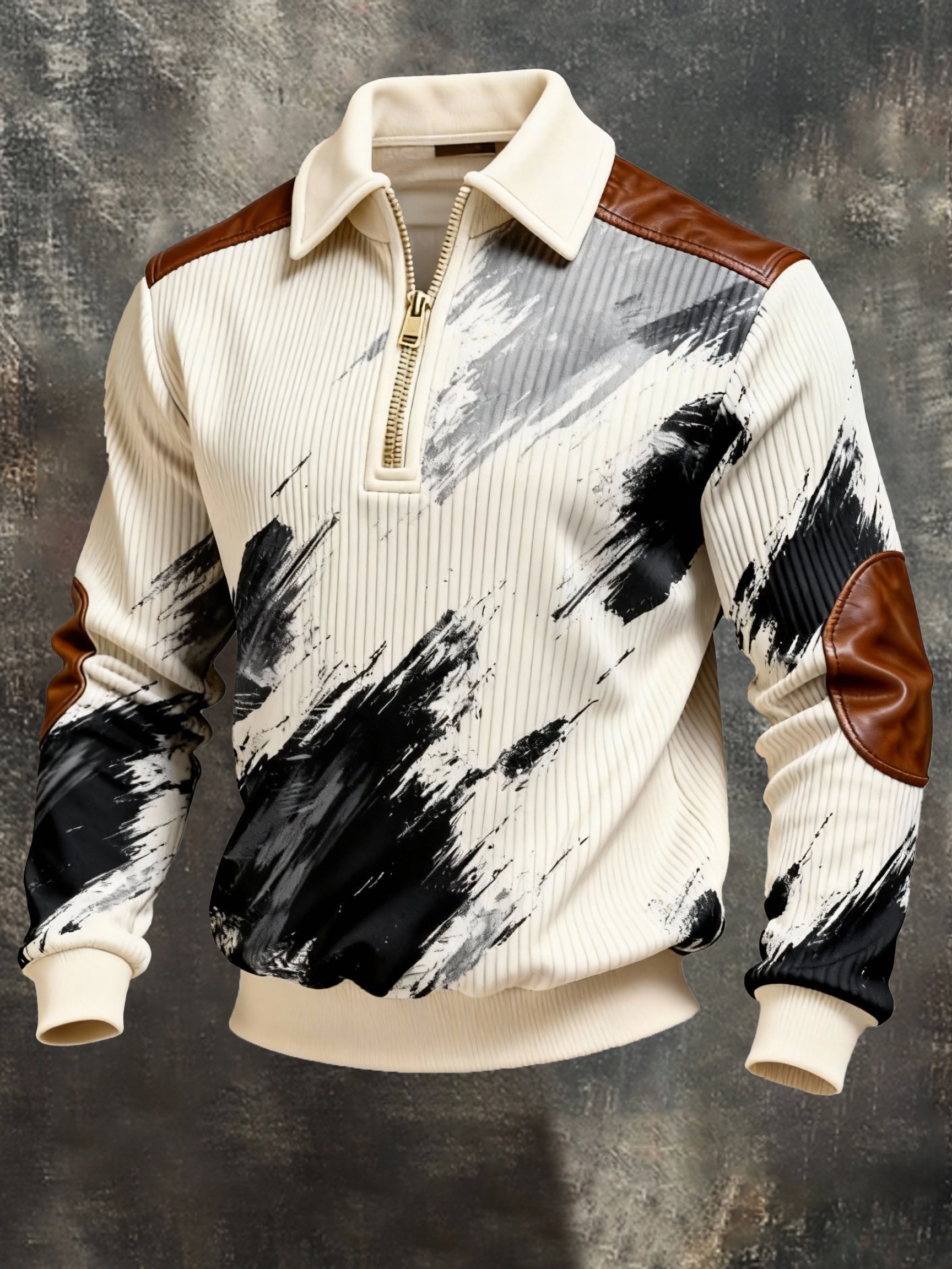 Men's Vintage Color-Block Printed Zip-Up Hoodie