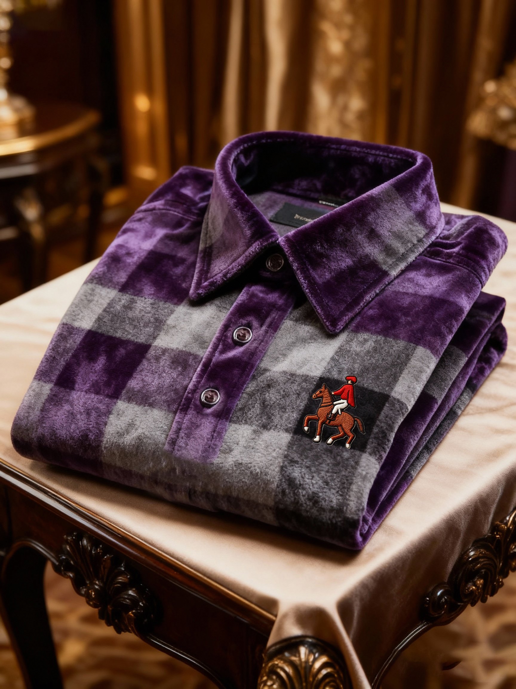 Men's Velvet Business Logo Print Long Sleeve Polo Shirt