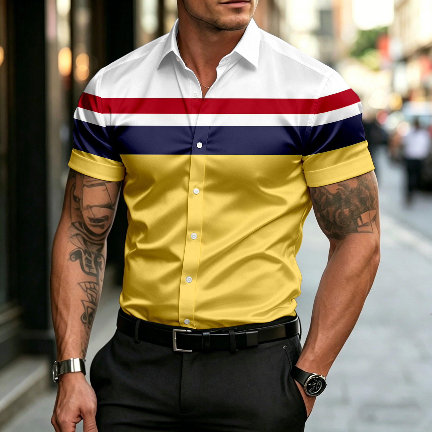 Men's Yellow & Navy Blue Geometric Casual Dark Blue Geometric Print Short-Sleeved Shirt