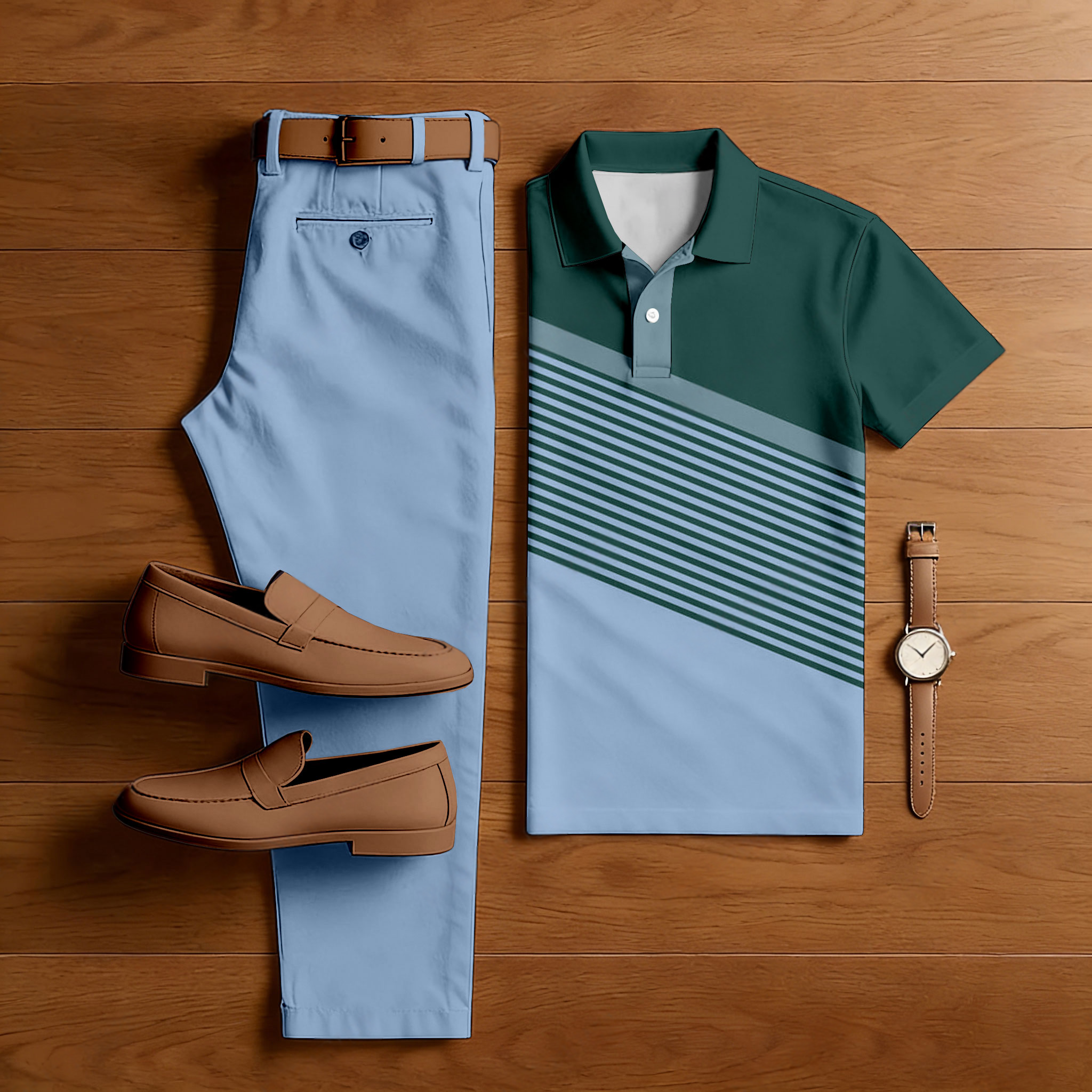 Men's Casual Blue & Green Color Matching Geometric Printed Short Sleeved Polo Shirt & Trousers Two-Piece Set