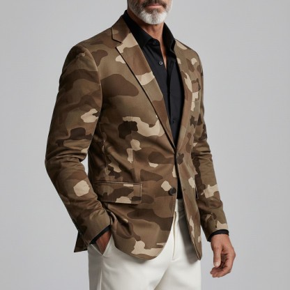 Men's Retro Camouflage Print Notched Lapel Two Button Slim Long Sleeve Blazer