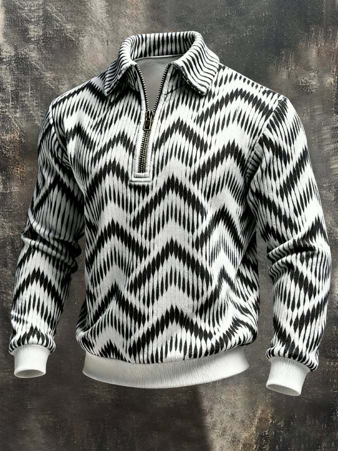 Men's Retro Color Block Print Color-Blocked Zip-Up Sweatshirt