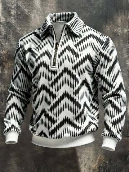 Men's Retro Color Block Print Color-Blocked Zip-Up Sweatshirt