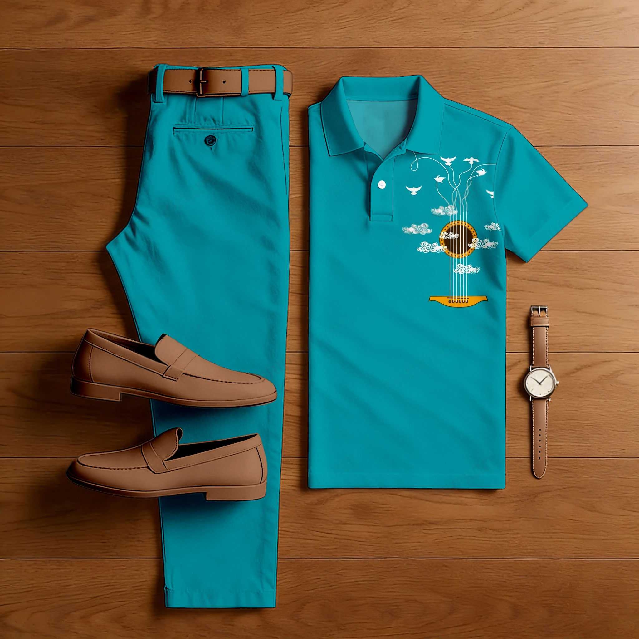 Men's Casual Solid Blue Green Geitar Printed Short Sleeved Polo Shirt & Trousers Two-Piece Set