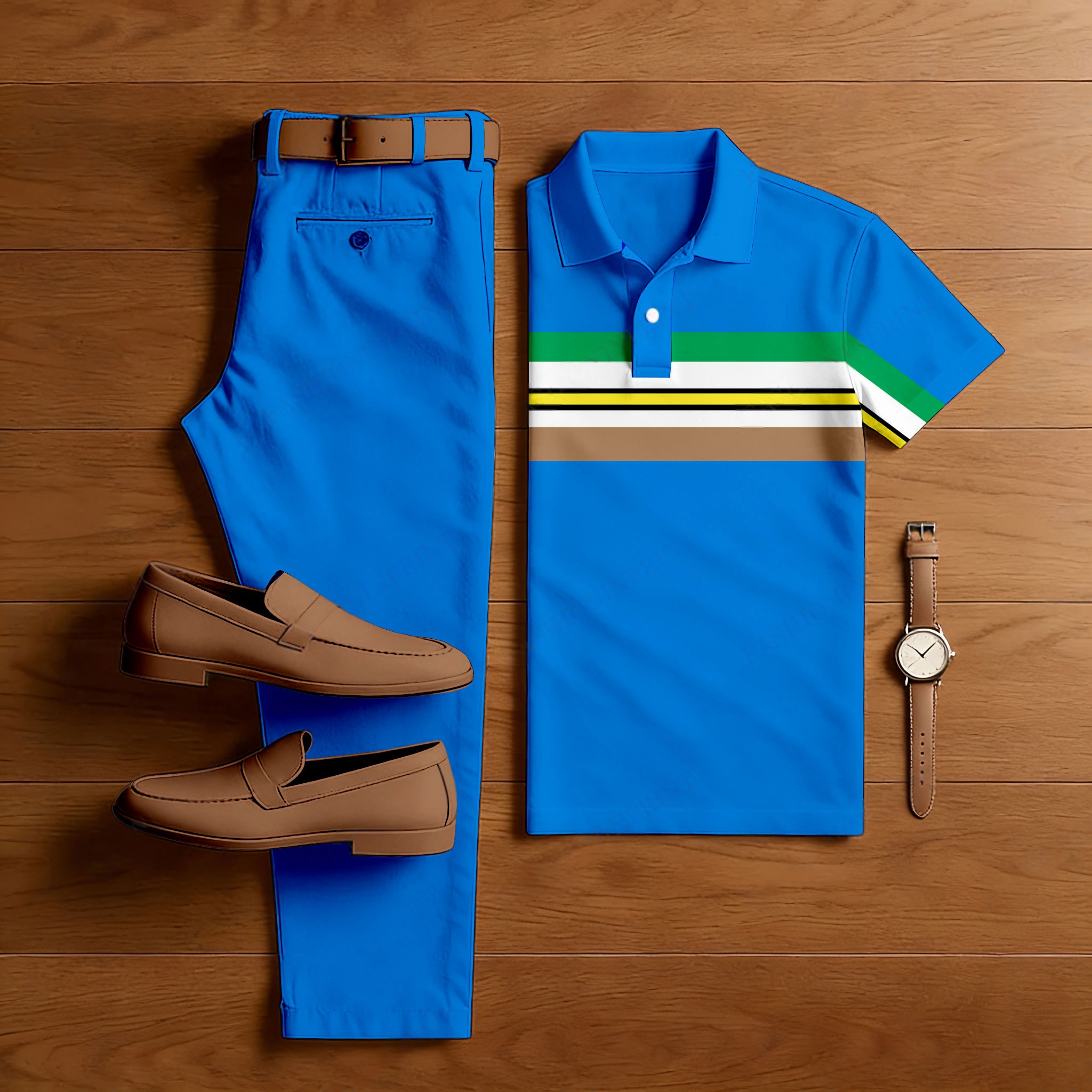 Men's Casual Blue Color Matching Striped Printed Short Sleeved Polo Shirt & Trousers Two-Piece Set