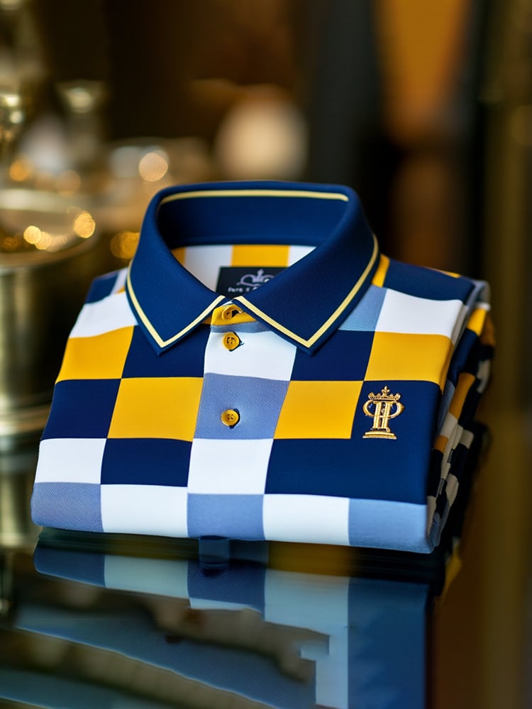 Men's Classic Business Check Logo Button Short Sleeve Polo Shirt