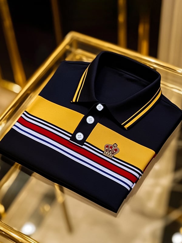 Men's Business Stripe Logo Print Short Sleeve Polo Shirt