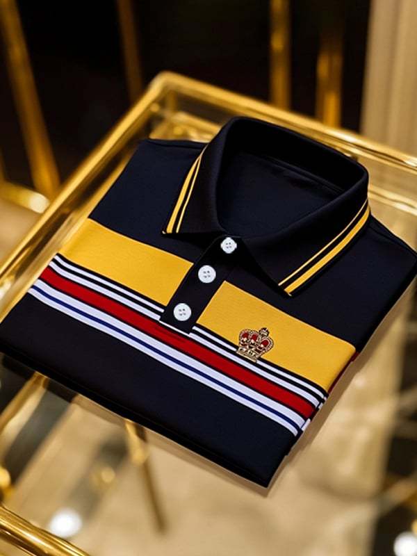 Men's Business Stripe Logo Print Short Sleeve Polo Shirt