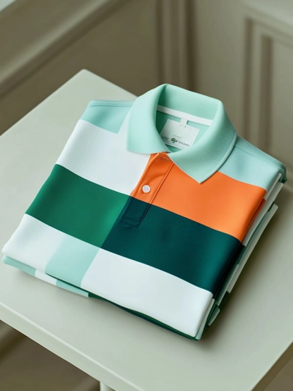 Men's Classic Business Contrast Check Logo Button Short Sleeve Polo Shirt