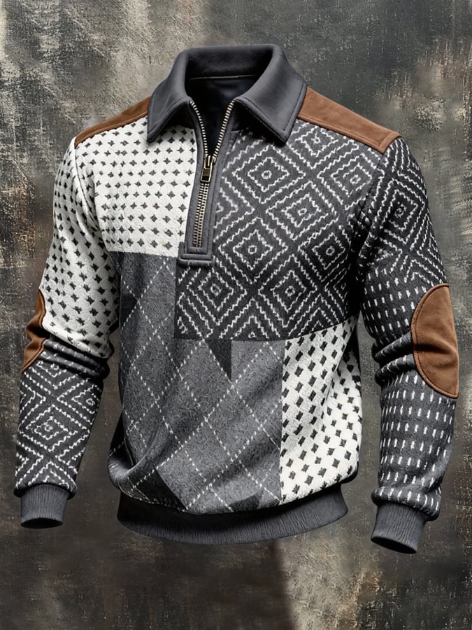 Men's Retro Color Block Print Color-Blocked Zip-Up Sweatshirt