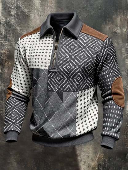 Men's Retro Color Block Print Color-Blocked Zip-Up Sweatshirt