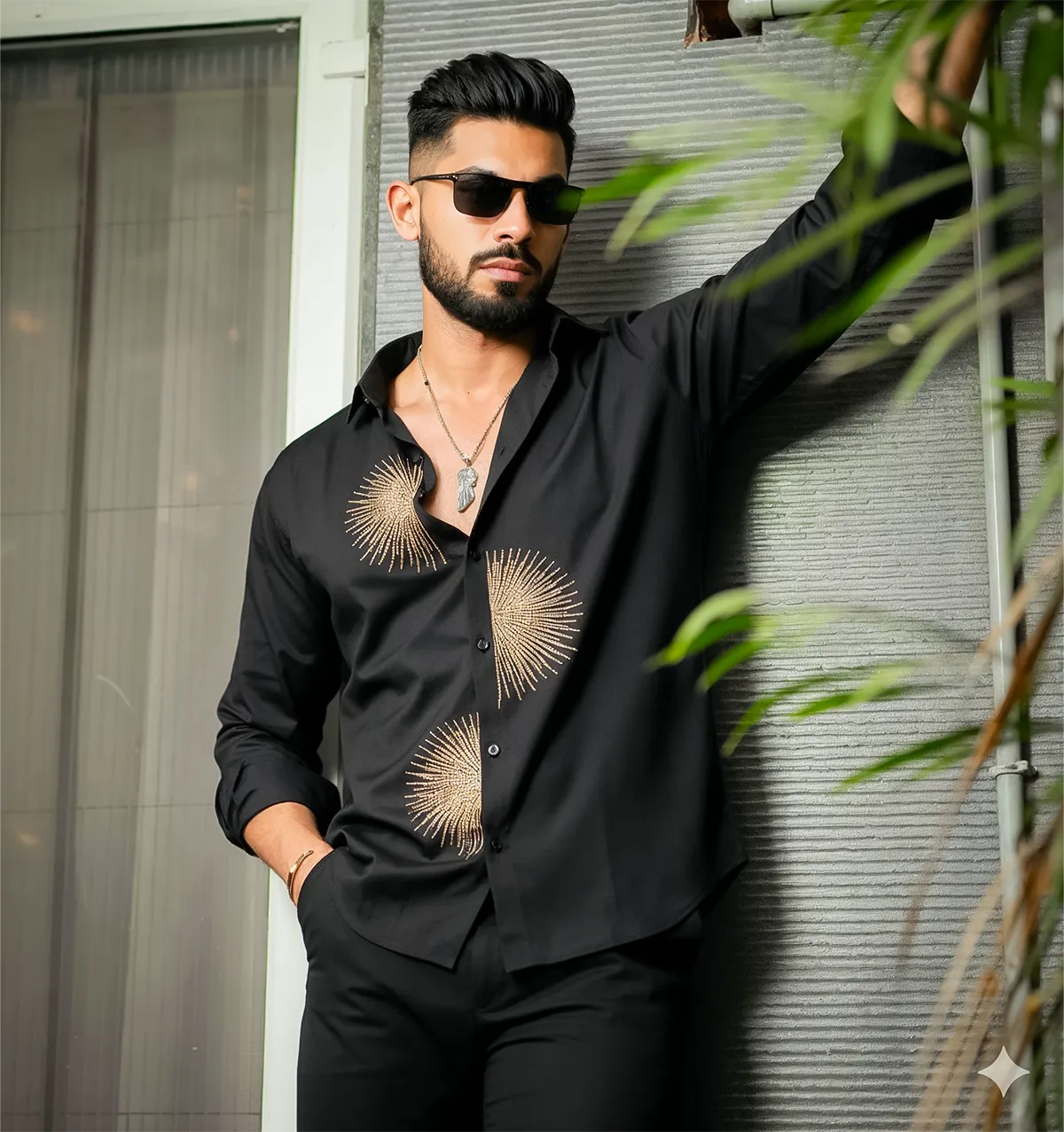 Men’s Black Gold Sunburst Embellished Shirt