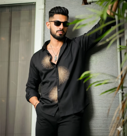 Men’s Black Gold Sunburst Embellished Shirt