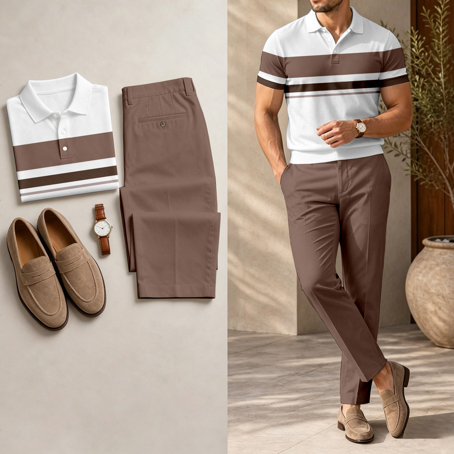 Men's Casual Brown Geometry Printed Polo Shirt And Pants Two-Piece Set