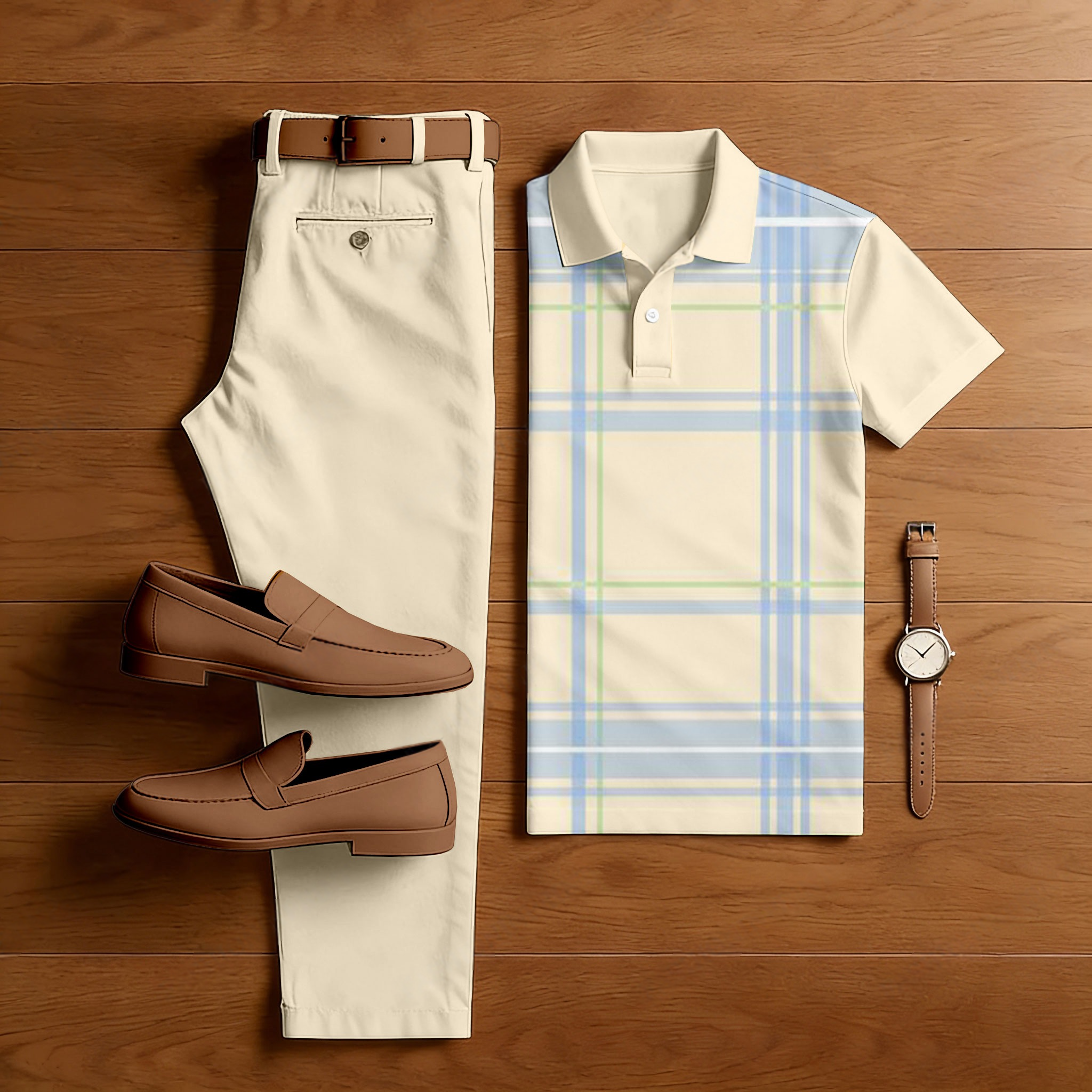 Men's Casual Apricot & Blue Color Matching Checkered Printed Short Sleeved Polo Shirt & Trousers Two-Piece Set