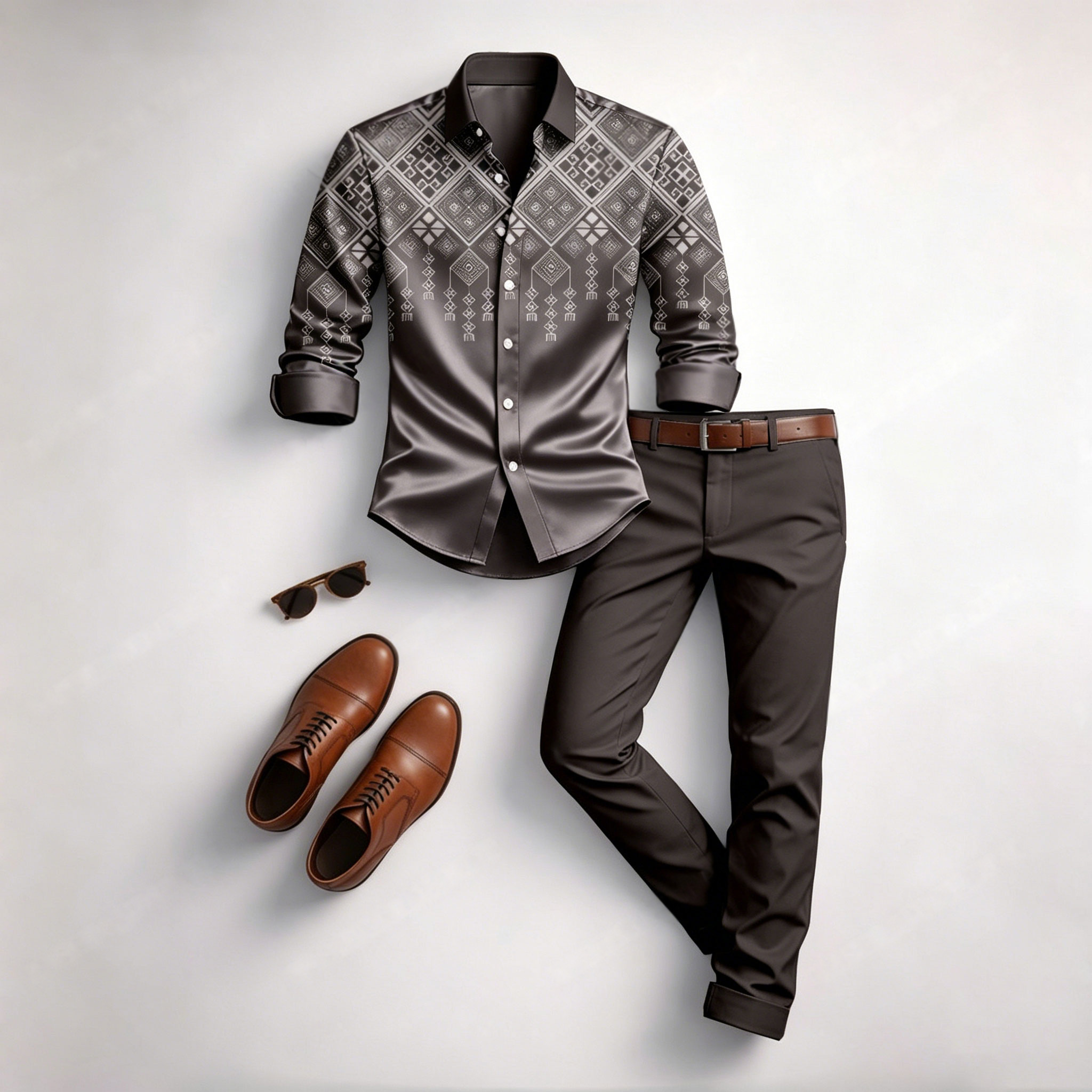 Men's Casual Dark Gray Color Matching Geometric Printed Long Sleeved Shirt & Trousers Two-Piece Set