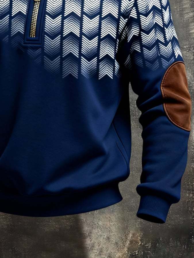 Men's Retro Color Block Print Color-Blocked Zip-Up Sweatshirt
