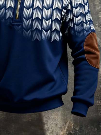 Men's Retro Color Block Print Color-Blocked Zip-Up Sweatshirt