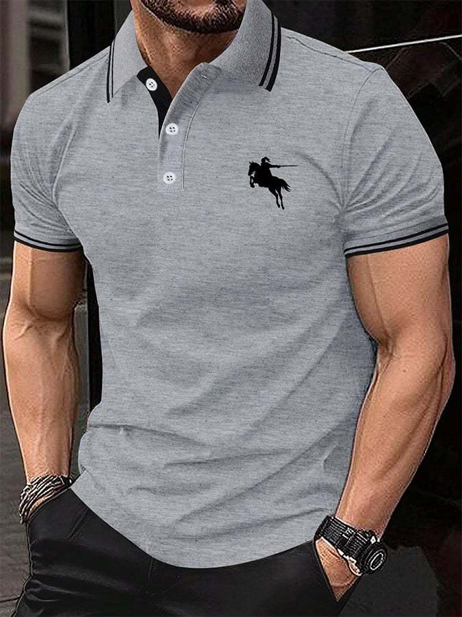 Men's Horse Stripe Print Casual Polo Shirt