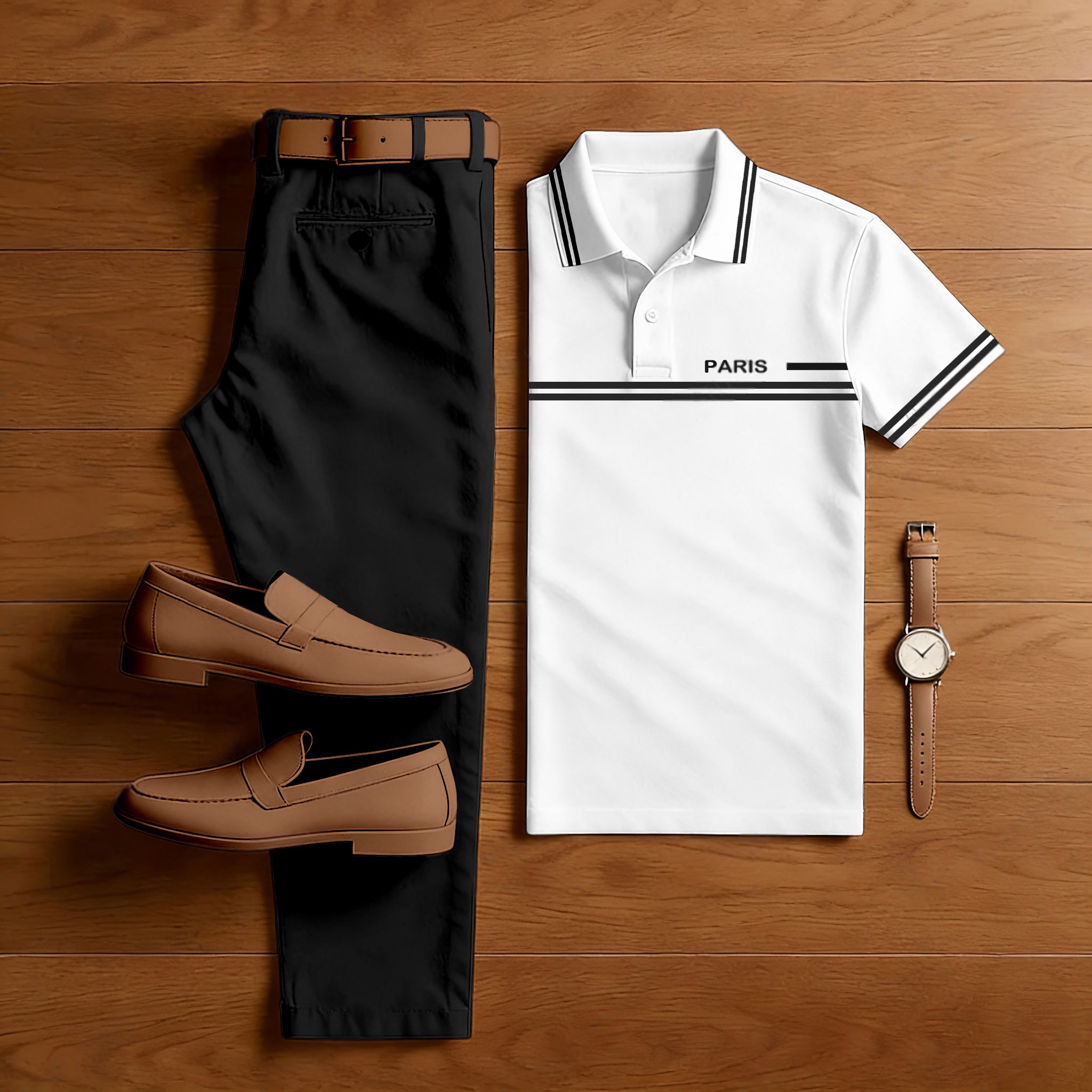 Men's Casual Black & White Color Matching Striped Printed Short Sleeved Polo Shirt & Trousers Two-Piece Set