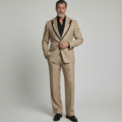 Men's Elegant Khaki Plaid Print Contrast Peak Lapel Business Casual Blazer