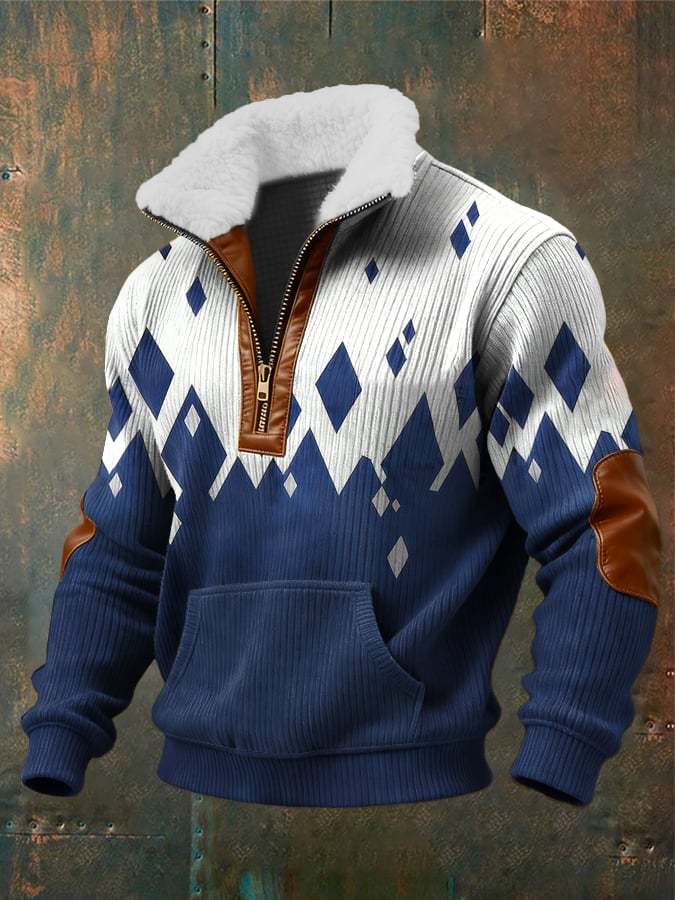 Men's Retro Abstract Art Print Zippered Fur Collar Pocket Patchwork Lo