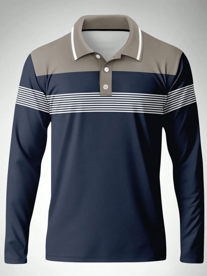 Men's Striped Business Casual Long Sleeve Polo Shirt