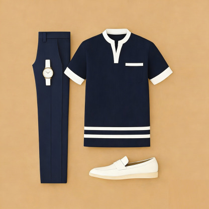 Men's Casual Navy Blue Color Matching Printed Short Sleeved Henry Collar T-Shirt & Trousers Two-Piece Set