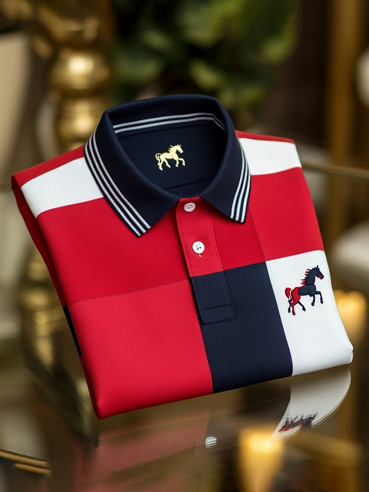 Men's Classic Business Check Logo Button Short Sleeve Polo Shirt