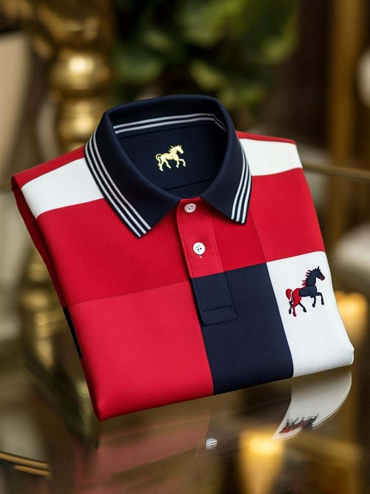 Men's Classic Business Check Logo Button Short Sleeve Polo Shirt