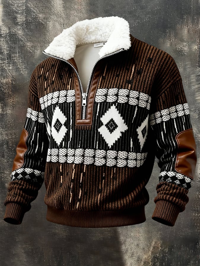 Men's Retro Textured Printed Sweatshirt with Fur Collar