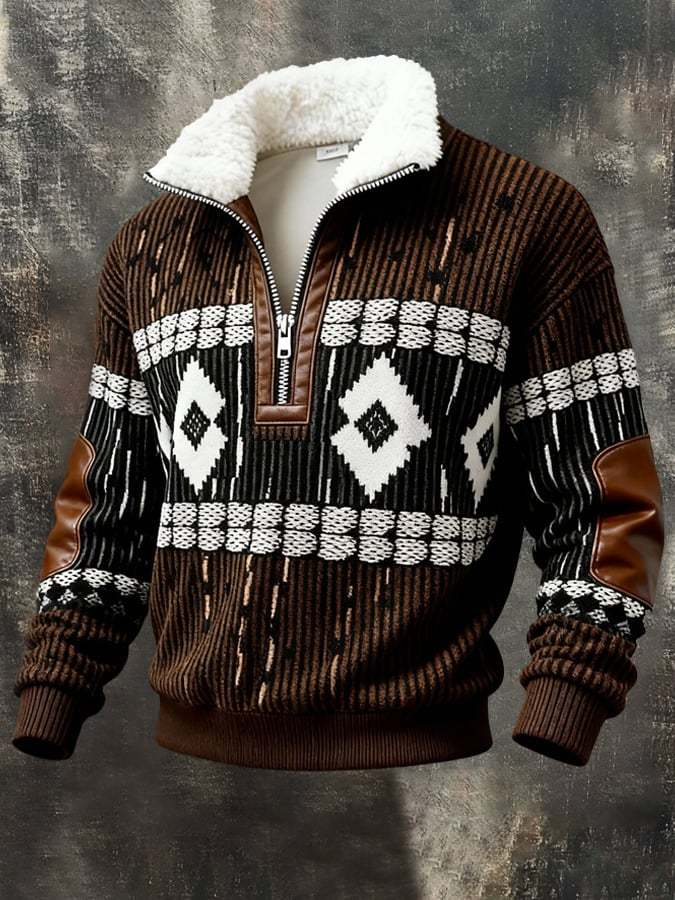 Men's Retro Textured Printed Sweatshirt with Fur Collar