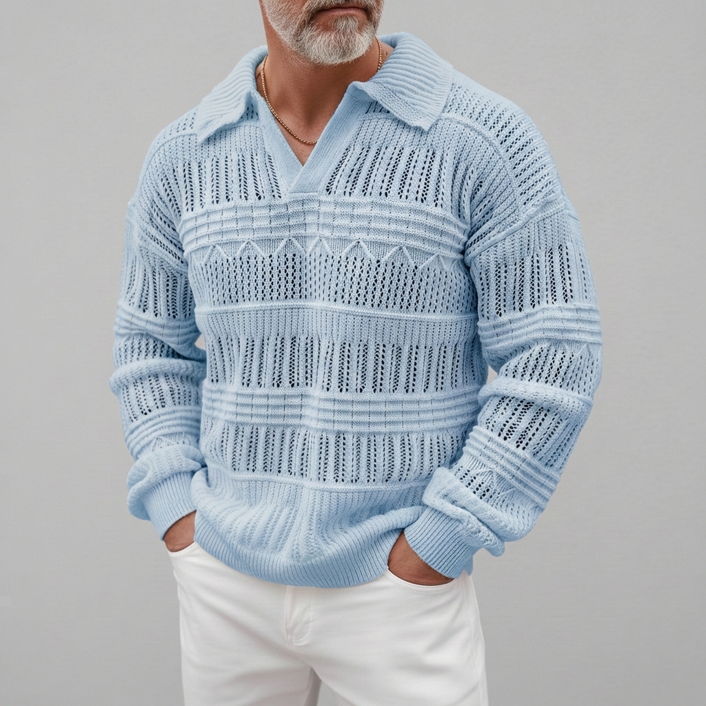 Men's Casual Solid Shirt Collar Hollow Out Crochet Long Sleeve Sweaters