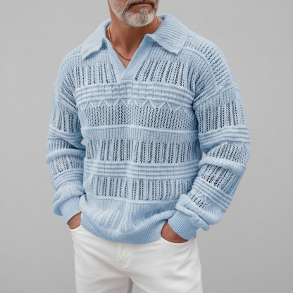 Men's Casual Solid Shirt Collar Hollow Out Crochet Long Sleeve Sweaters