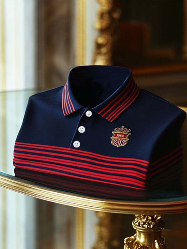 Men's Business Stripe Logo Print Short Sleeve Polo Shirt