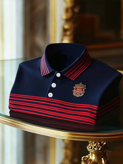 Men's Business Stripe Logo Print Short Sleeve Polo Shirt