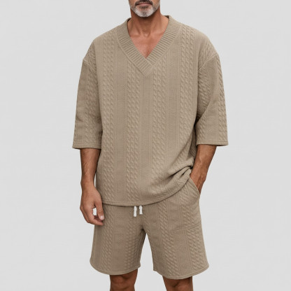 Men's Geometric Texture V Neck Drop Shoulder Half Sleeve Loose T-Shirt & Drawstring Shorts 2Pcs Set