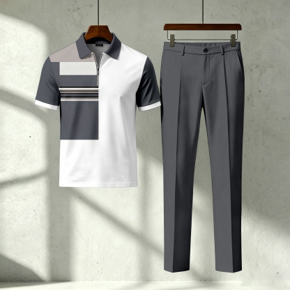 Men's Casual Printed Polo Short-Sleeve T-Shirt And Pants Two-Piece Set