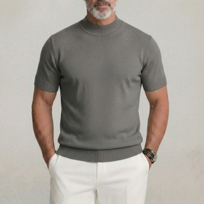 Men's Plain Ribbed Trim Crew Neck Slim Fit Knitted Short Sleeve T-Shirt