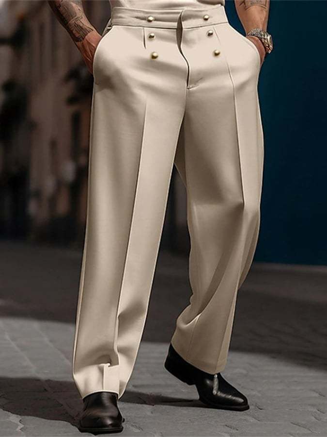 Men's Casual Solid Color Buttoned Mid-Rise Straight Trousers
