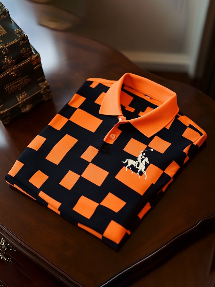 Men's Classic Business Check Logo Button Short Sleeve Polo Shirt