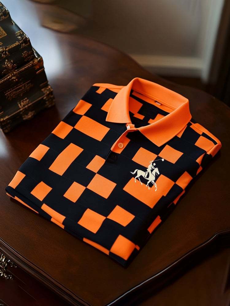 Men's Classic Business Check Logo Button Short Sleeve Polo Shirt