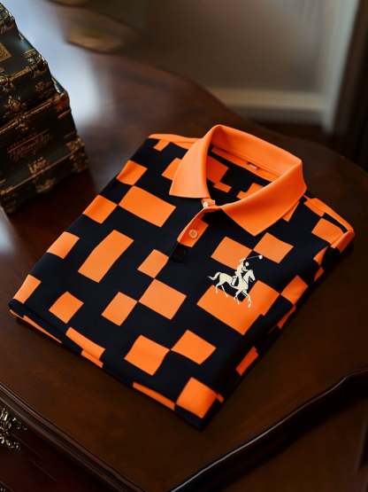 Men's Classic Business Check Logo Button Short Sleeve Polo Shirt