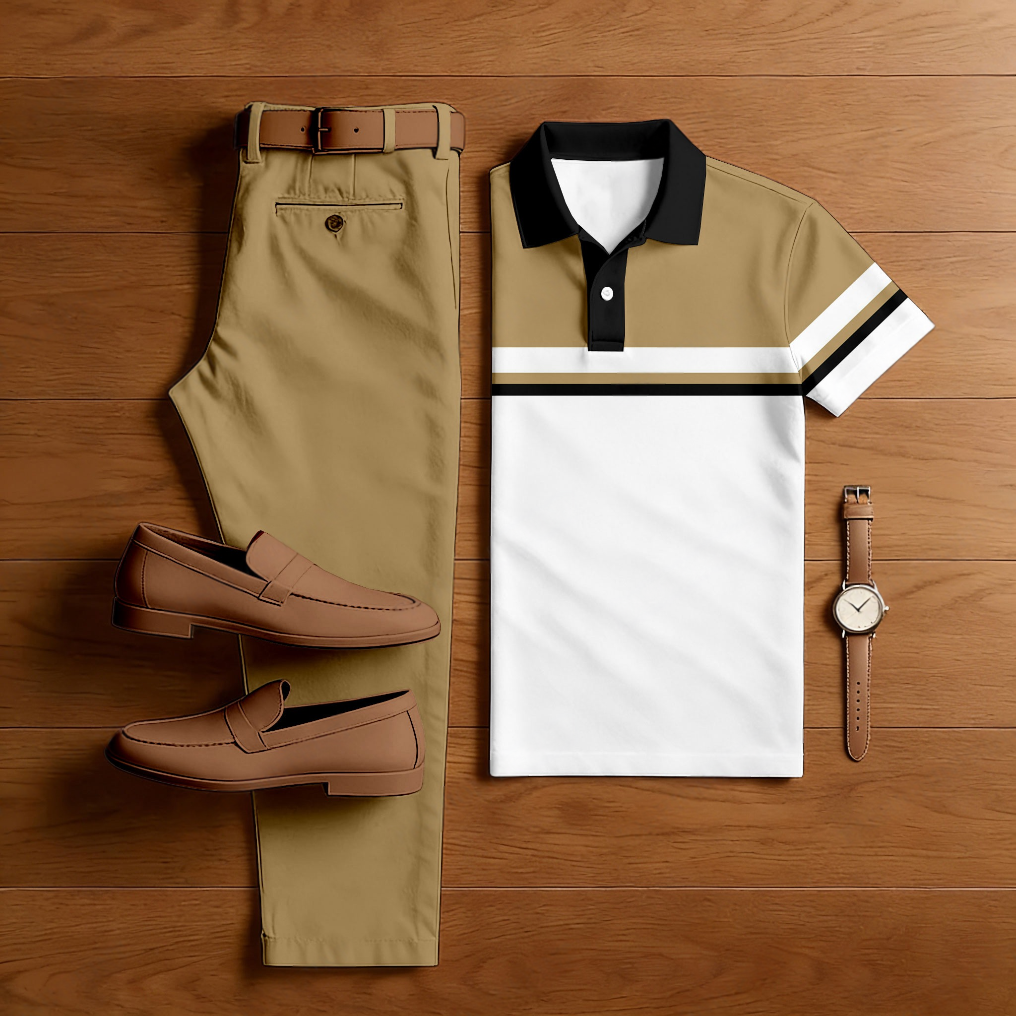 Men's Casual Khaki & White Color Matching Striped Printed Short Sleeved Polo Shirt & Trousers Two-Piece Set