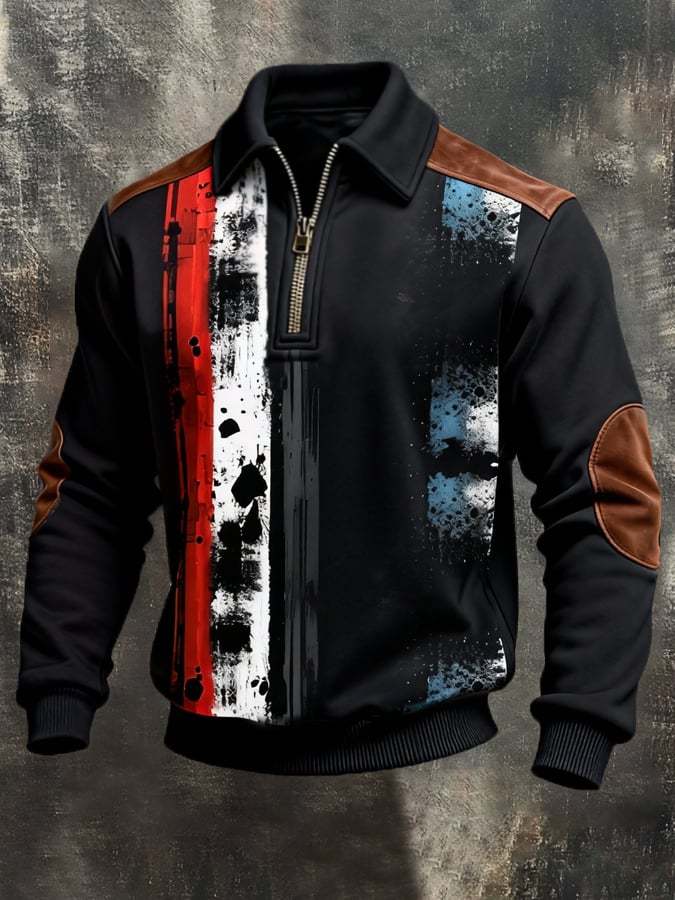 Men's Retro Color Block Print Color-Blocked Zip-Up Sweatshirt