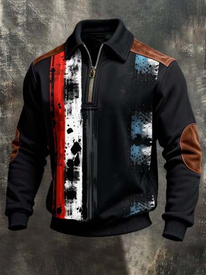 Men's Retro Color Block Print Color-Blocked Zip-Up Sweatshirt