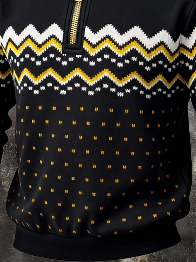 Men's Retro Color Block Print Zipper Sweatshirt